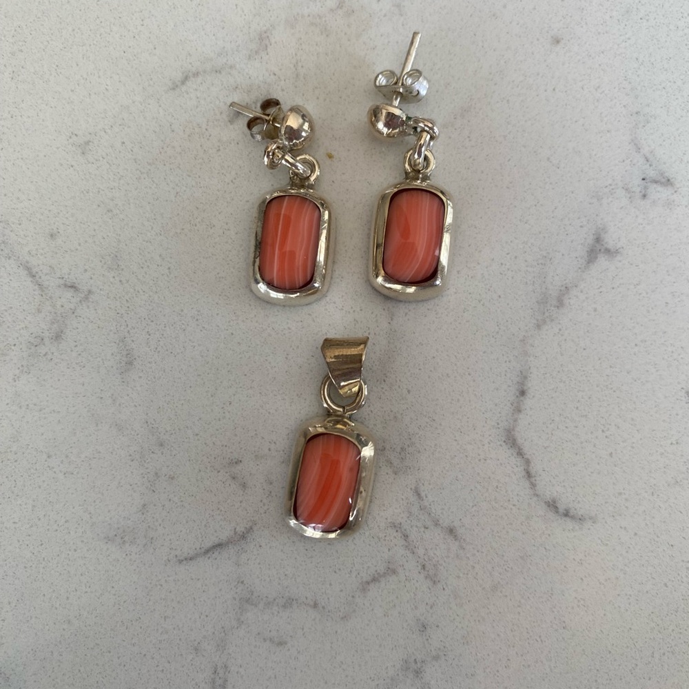 .925 Sterling Silver Post Earrings and Pendant with Coral